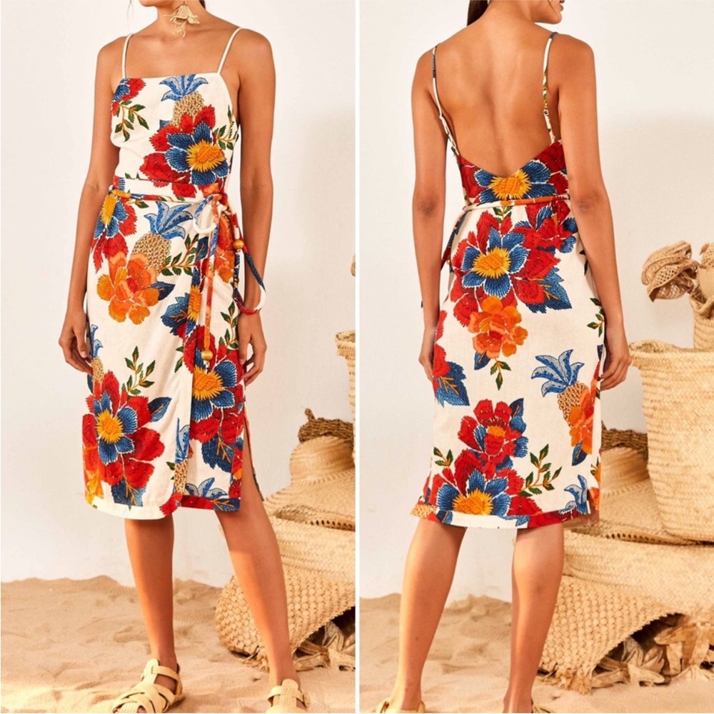 Farm Rio White Pineapple Flowers Midi Dress
